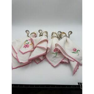 Vintage Swan Napkin Rings Silver Tone with Embroidered Floral Napkins Set of 4